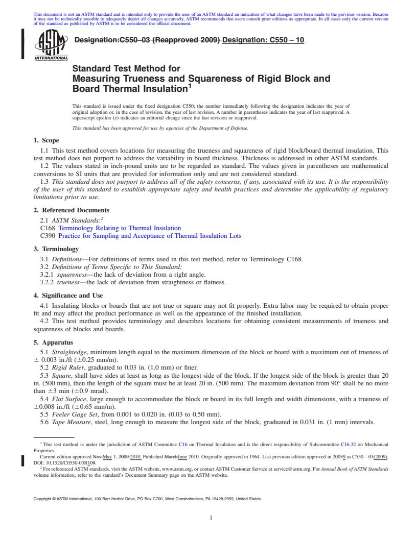 REDLINE ASTM C550-10 - Standard Test Method for Measuring Trueness and Squareness of Rigid Block and Board Thermal Insulation