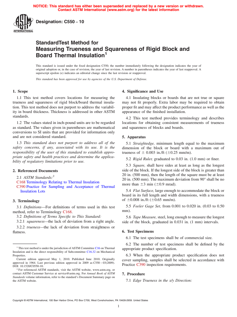 ASTM C550-10 - Standard Test Method for Measuring Trueness and Squareness of Rigid Block and Board Thermal Insulation