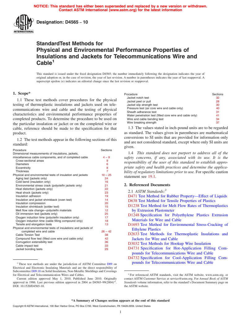 ASTM D4565-10 - Standard Test Methods for Physical and Environmental Performance Properties of Insulations and Jackets for Telecommunications Wire and Cable