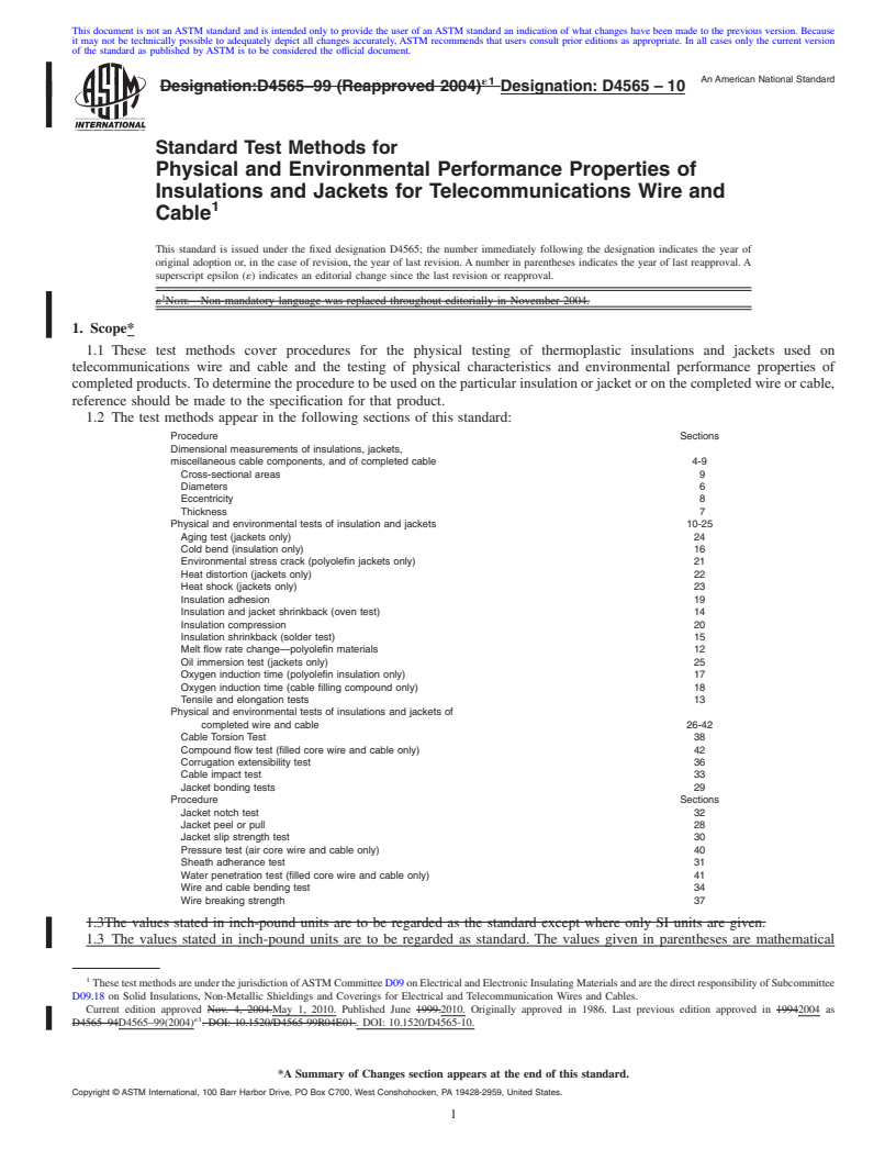 REDLINE ASTM D4565-10 - Standard Test Methods for Physical and Environmental Performance Properties of Insulations and Jackets for Telecommunications Wire and Cable