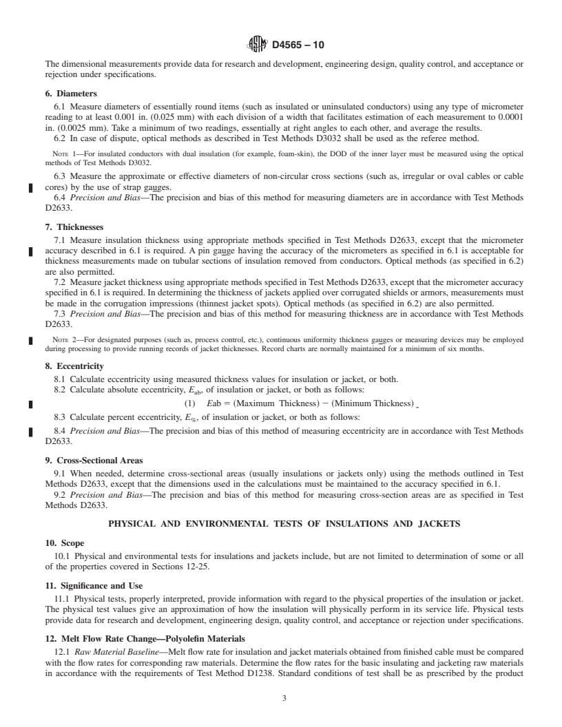 REDLINE ASTM D4565-10 - Standard Test Methods for Physical and Environmental Performance Properties of Insulations and Jackets for Telecommunications Wire and Cable