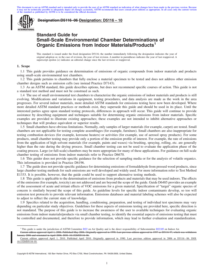 REDLINE ASTM D5116-10 - Standard Guide for Small-Scale Environmental Chamber Determinations of Organic Emissions From Indoor Materials/Products