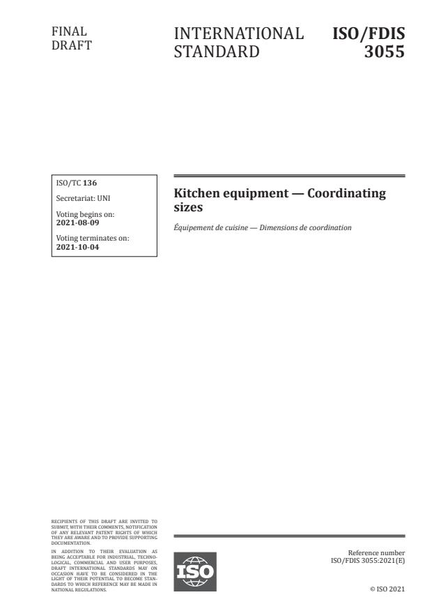 ISO/FDIS 3055:Version 07-avg-2021 - Kitchen equipment -- Coordinating sizes