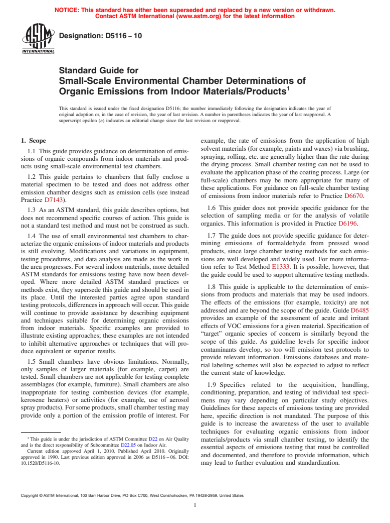 ASTM D5116-10 - Standard Guide for Small-Scale Environmental Chamber Determinations of Organic Emissions From Indoor Materials/Products