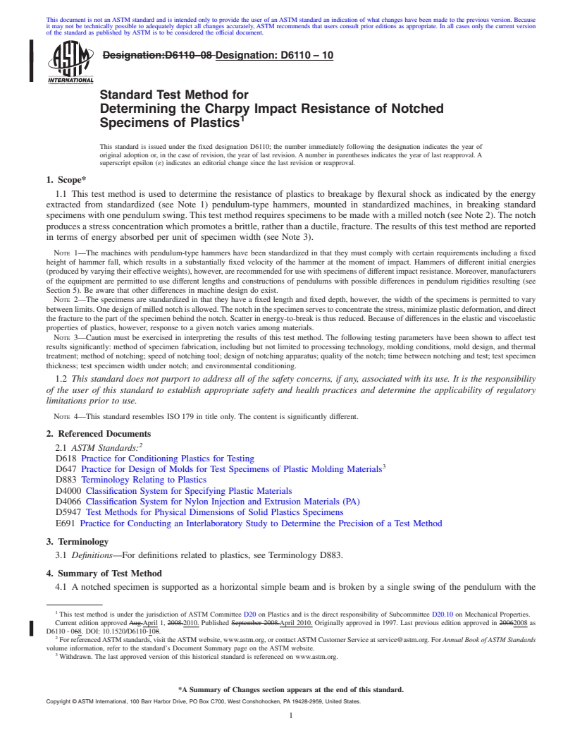 REDLINE ASTM D6110-10 - Standard Test Method for Determining the Charpy Impact Resistance of Notched Specimens of Plastics