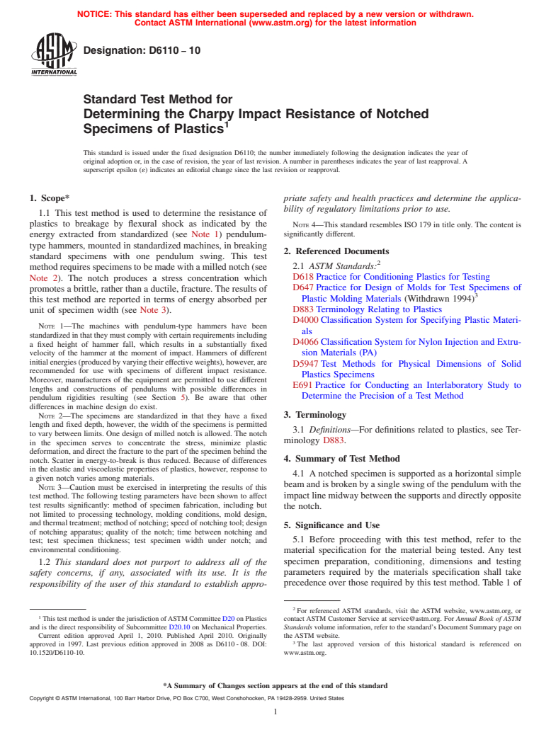 ASTM D6110-10 - Standard Test Method for Determining the Charpy Impact Resistance of Notched Specimens of Plastics