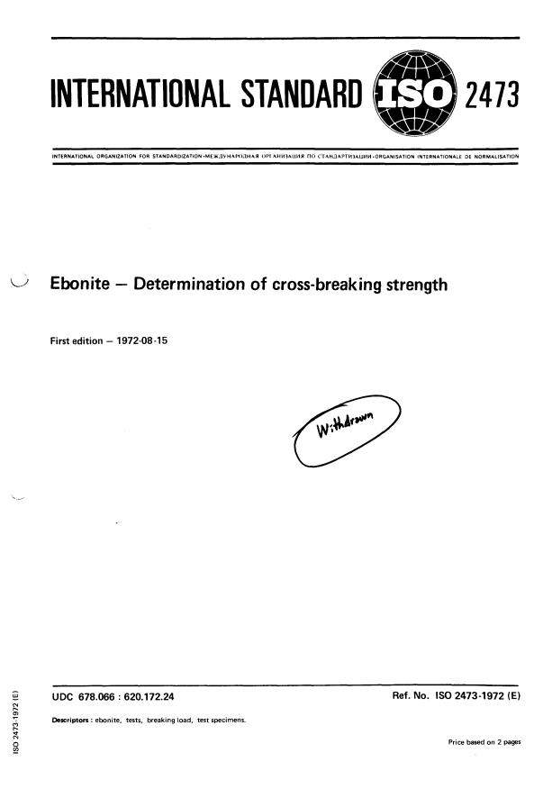 ISO 2473:1972 - Ebonite -- Determination of cross-breaking strength