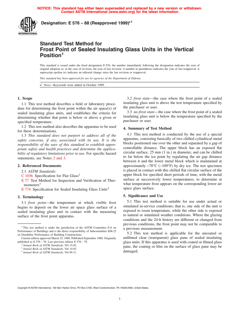 ASTM E576-88(1999)e1 - Standard Test Method for Frost Point of Sealed Insulating Glass Units in the Vertical Position