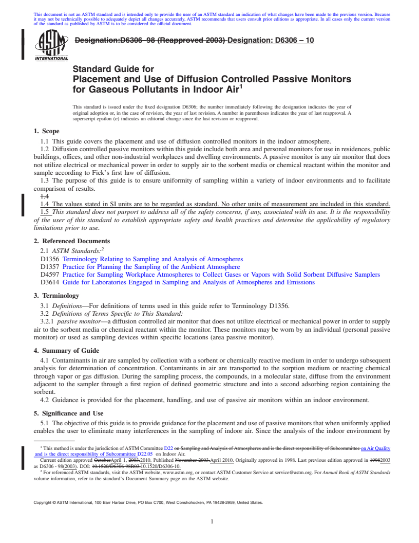 REDLINE ASTM D6306-10 - Standard Guide for Placement and Use of Diffusion Controlled Passive Monitors for Gaseous Pollutants in Indoor Air