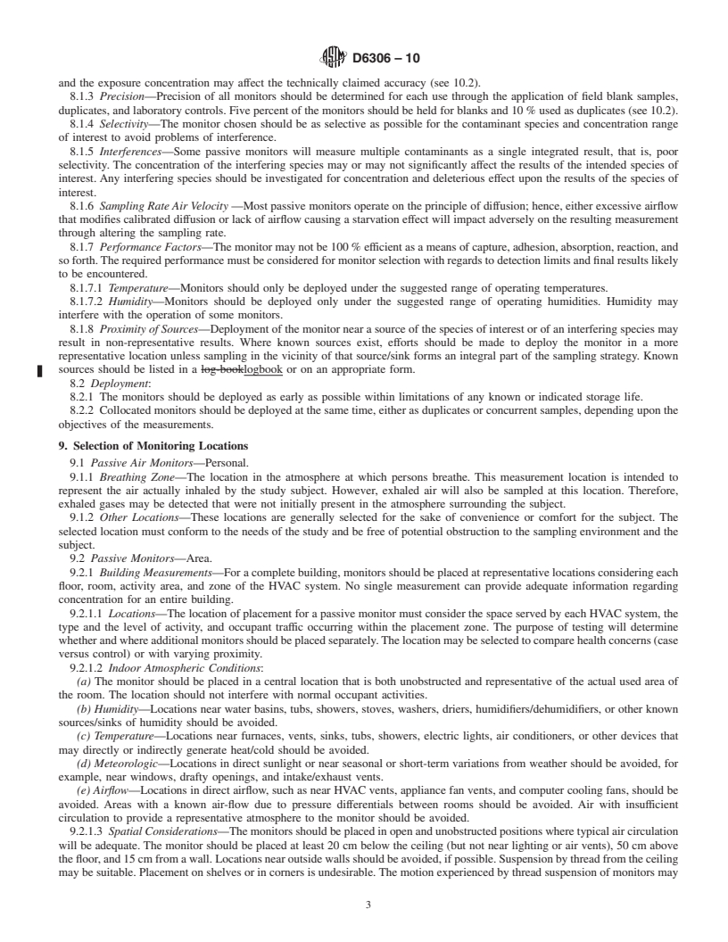 REDLINE ASTM D6306-10 - Standard Guide for Placement and Use of Diffusion Controlled Passive Monitors for Gaseous Pollutants in Indoor Air