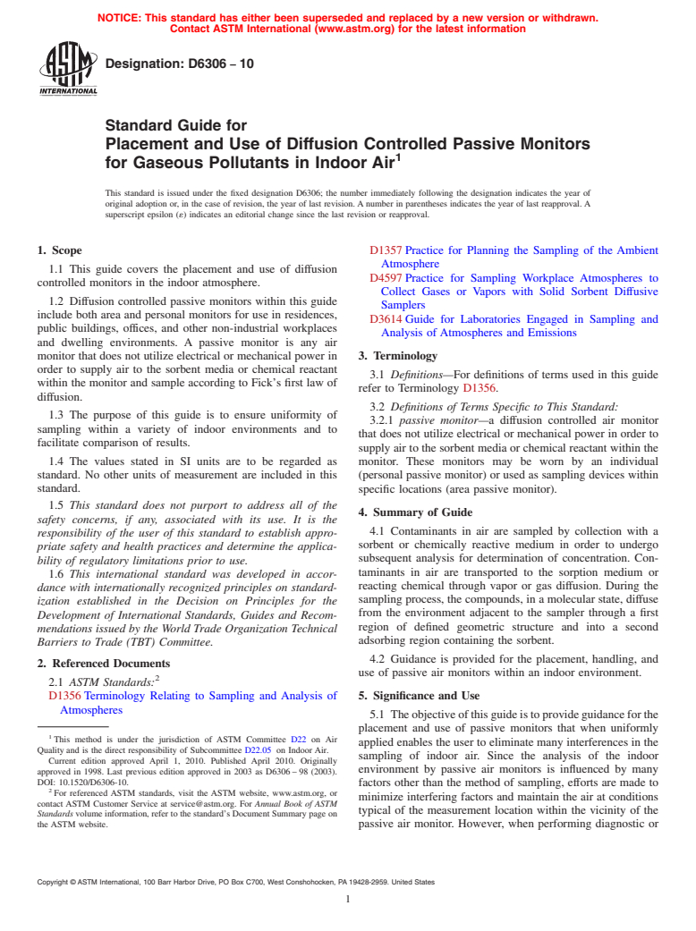 ASTM D6306-10 - Standard Guide for Placement and Use of Diffusion Controlled Passive Monitors for Gaseous Pollutants in Indoor Air