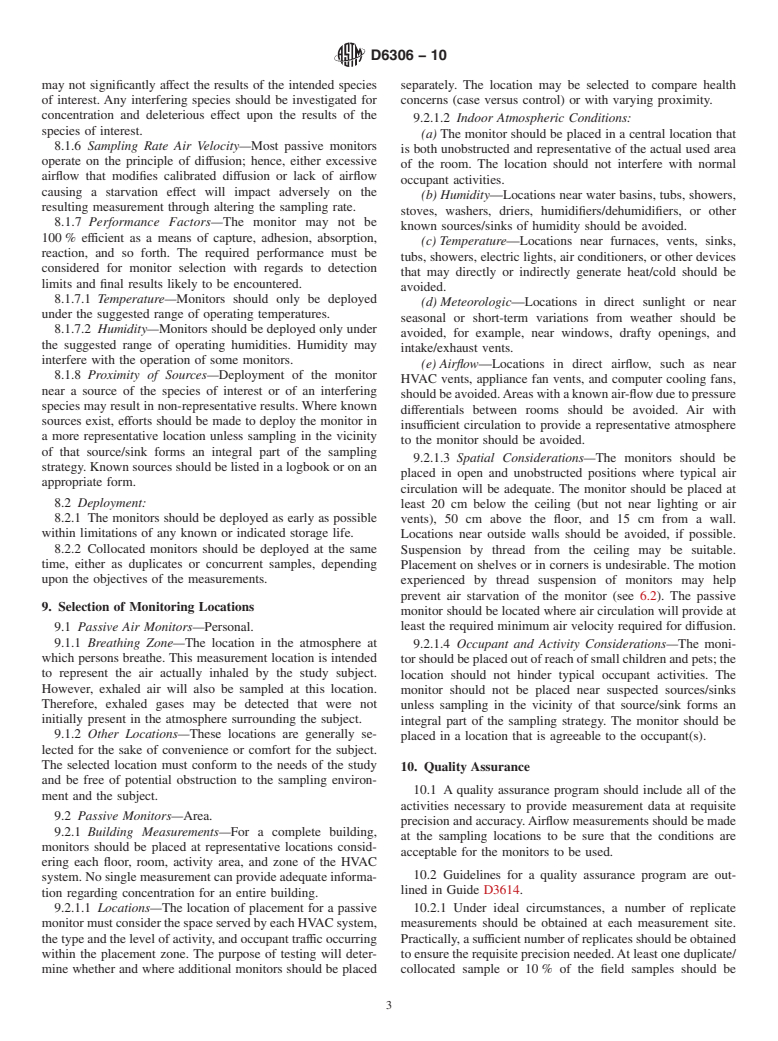 ASTM D6306-10 - Standard Guide for Placement and Use of Diffusion Controlled Passive Monitors for Gaseous Pollutants in Indoor Air