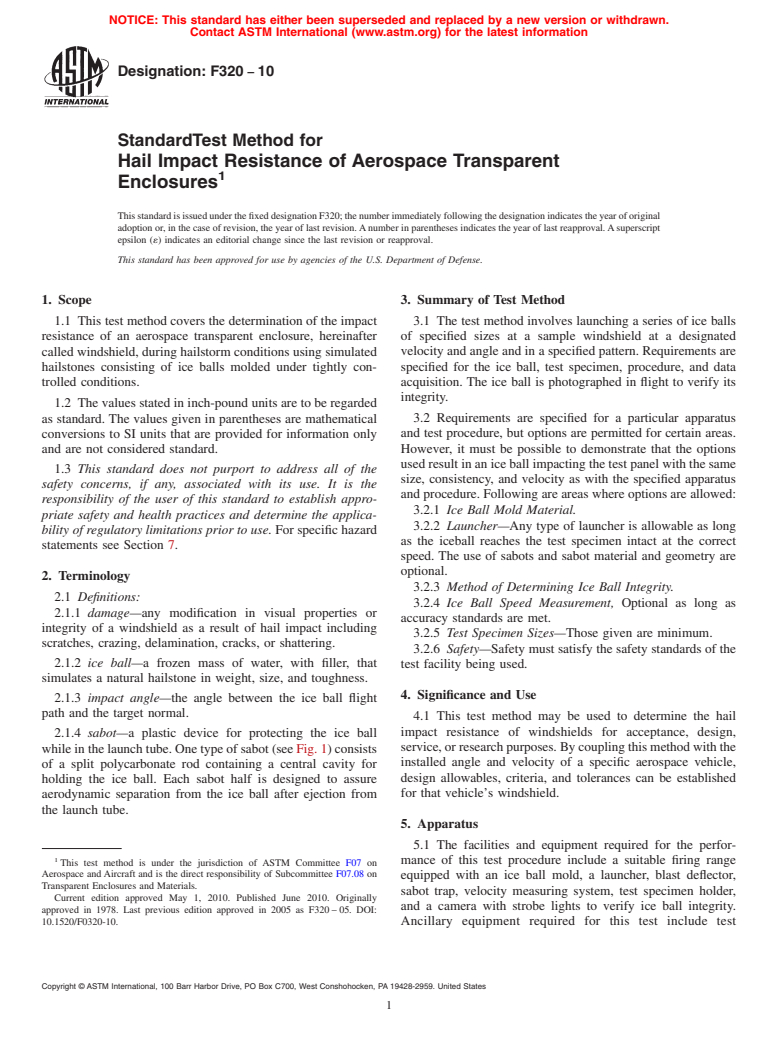 ASTM F320-10 - Standard Test Method for Hail Impact Resistance of Aerospace Transparent Enclosures