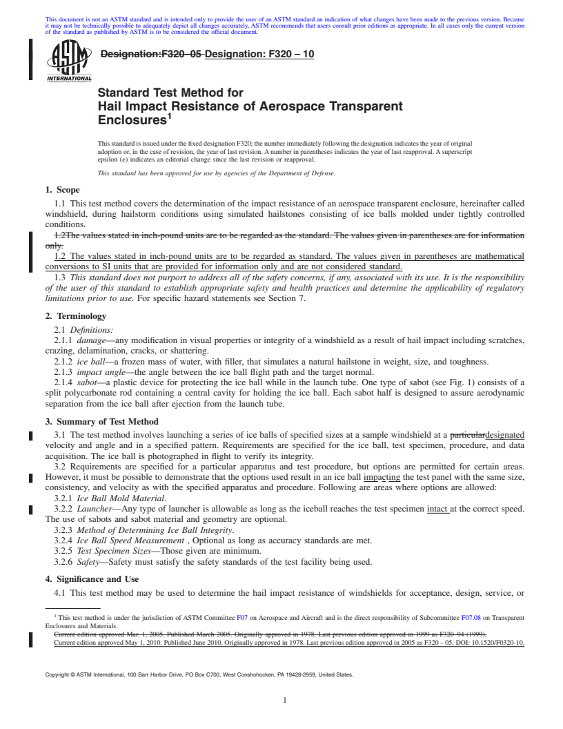 REDLINE ASTM F320-10 - Standard Test Method for Hail Impact Resistance of Aerospace Transparent Enclosures