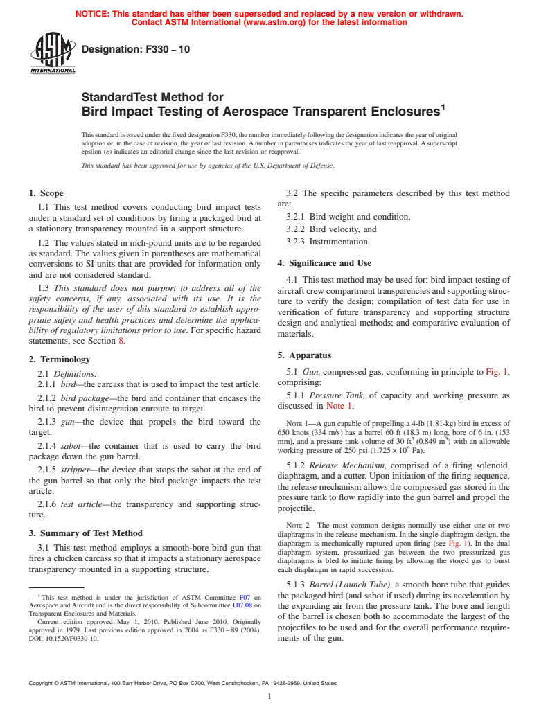 ASTM F330-10 - Standard Test Method for Bird Impact Testing of Aerospace Transparent Enclosures