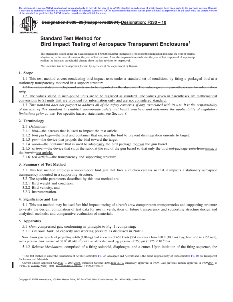 REDLINE ASTM F330-10 - Standard Test Method for Bird Impact Testing of Aerospace Transparent Enclosures