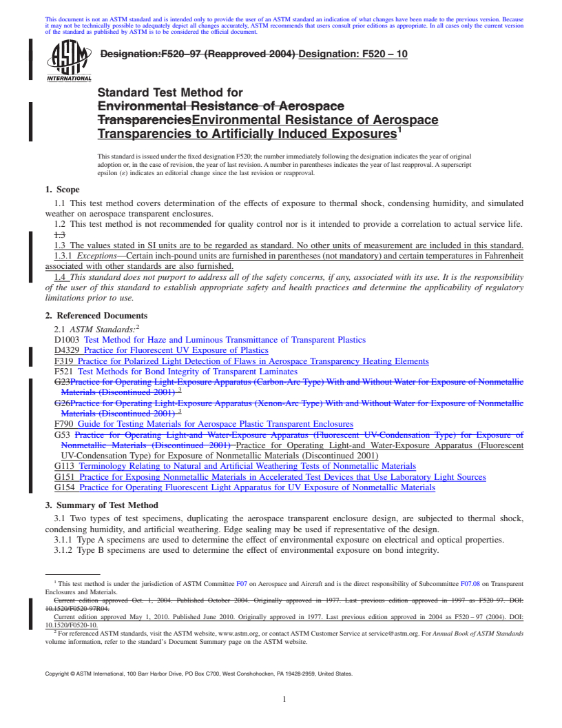 REDLINE ASTM F520-10 - Standard Test Method for Environmental Resistance of Aerospace Transparencies