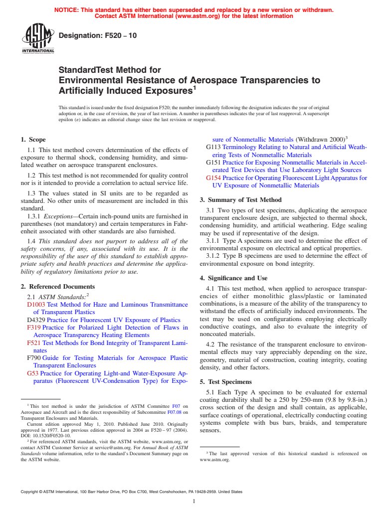 ASTM F520-10 - Standard Test Method for Environmental Resistance of Aerospace Transparencies