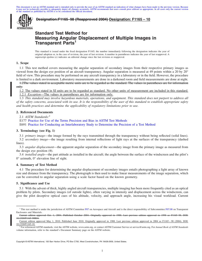 REDLINE ASTM F1165-10 - Standard Test Method for Measuring Angular Displacement of Multiple Images in Transparent Parts