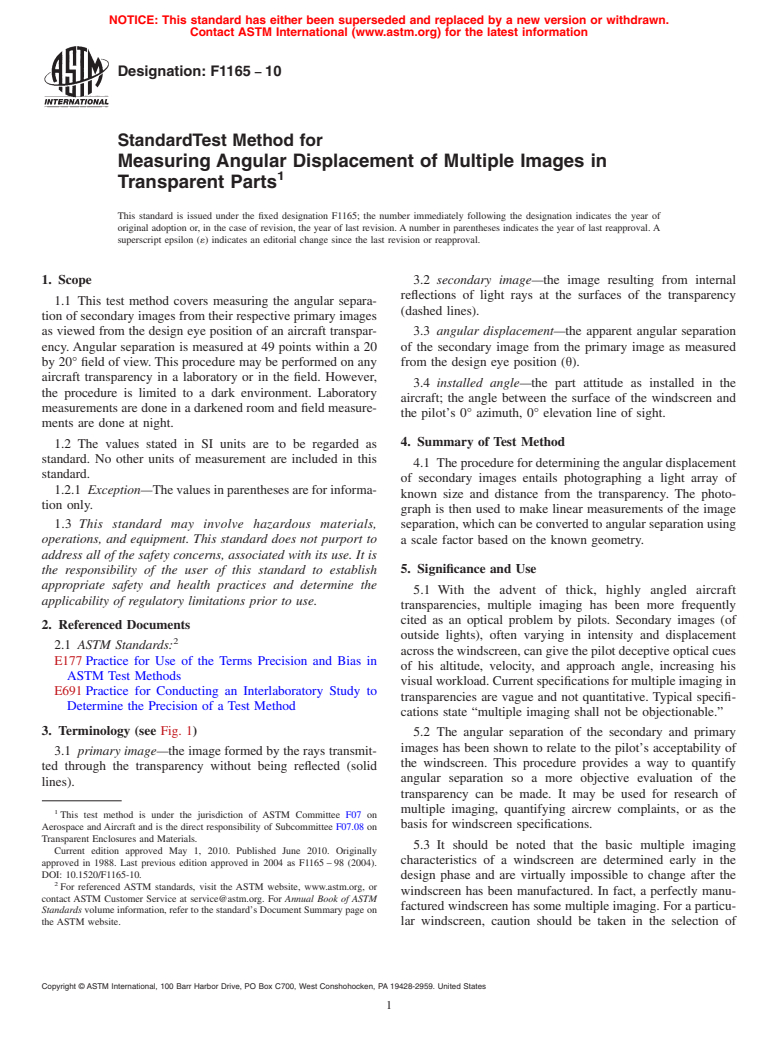 ASTM F1165-10 - Standard Test Method for Measuring Angular Displacement of Multiple Images in Transparent Parts