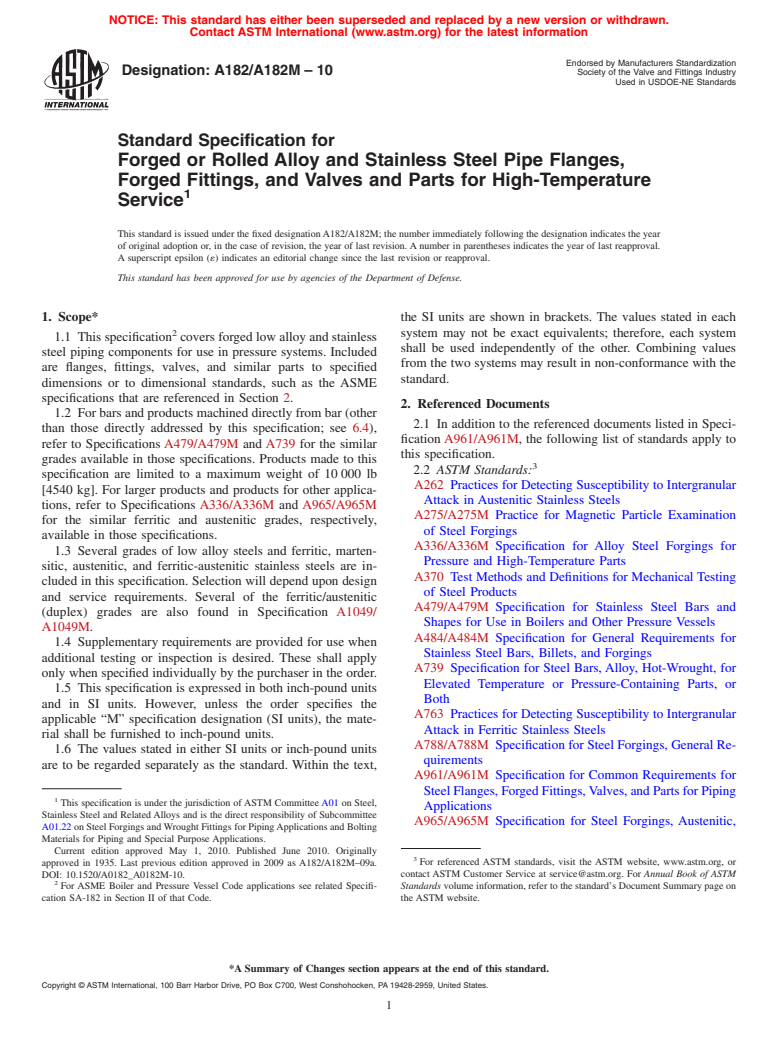 ASTM A182/A182M-10 - Standard Specification for  Forged or Rolled Alloy and Stainless Steel Pipe Flanges, Forged Fittings, and Valves and Parts for High-Temperature Service