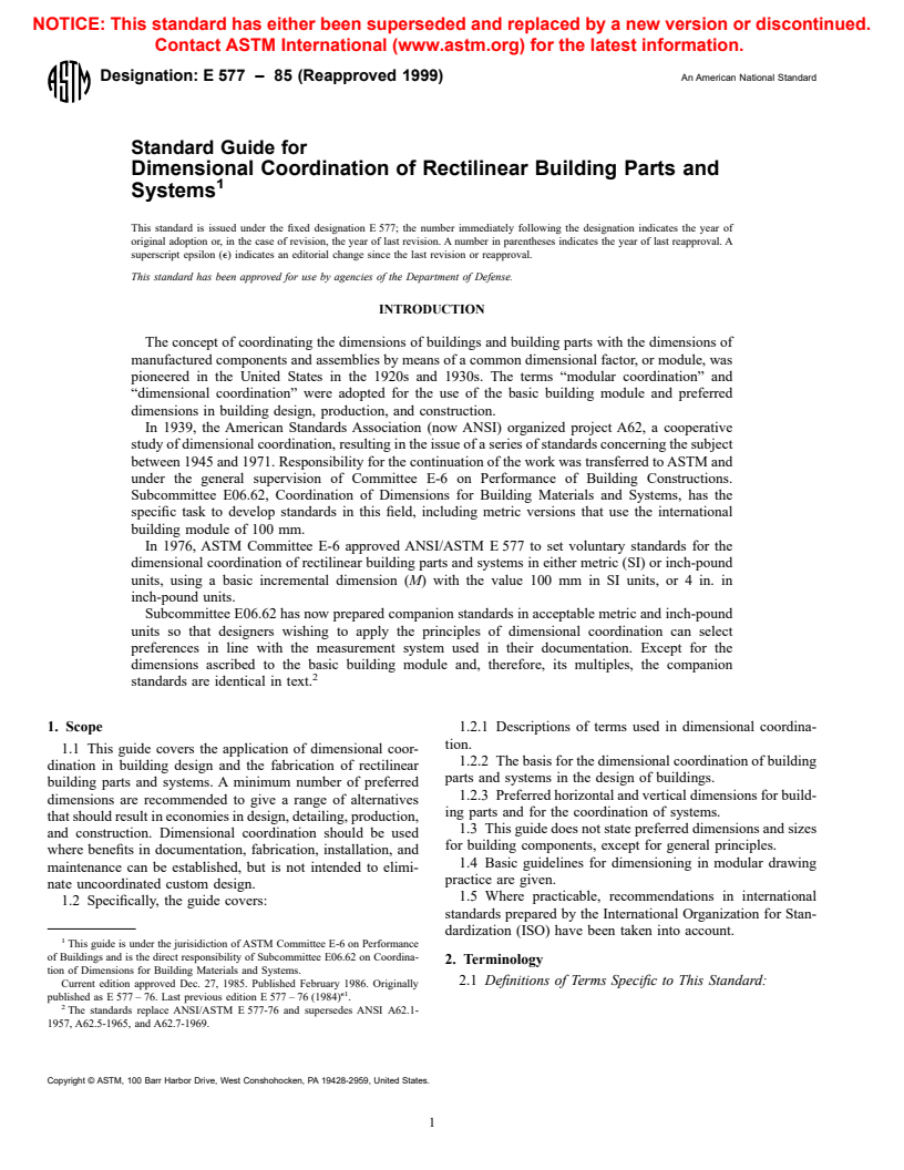ASTM E577-85(1999) - Standard Guide for Dimensional Coordination of Rectilinear Building Parts and Systems