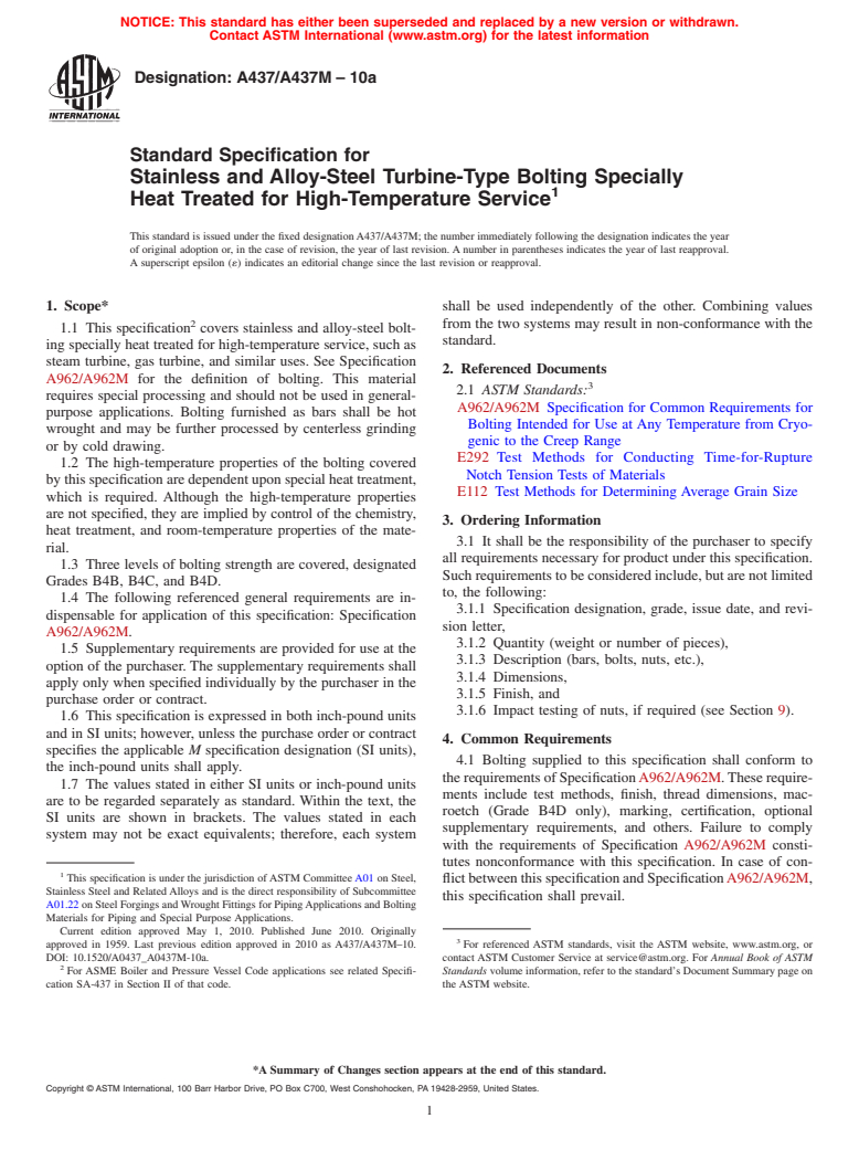 ASTM A437/A437M-10a - Standard Specification for  Stainless and Alloy-Steel Turbine-Type Bolting Specially Heat Treated for High-Temperature Service