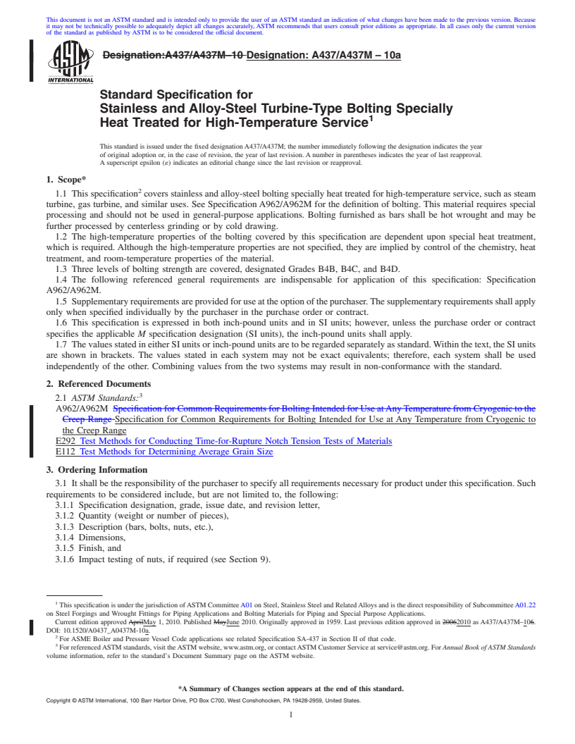 REDLINE ASTM A437/A437M-10a - Standard Specification for  Stainless and Alloy-Steel Turbine-Type Bolting Specially Heat Treated for High-Temperature Service