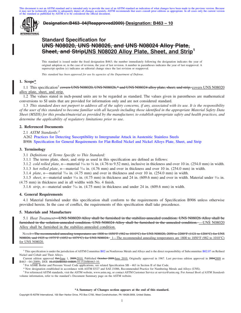 REDLINE ASTM B463-10 - Standard Specification for  UNS N08020 Alloy Plate, Sheet, and Strip