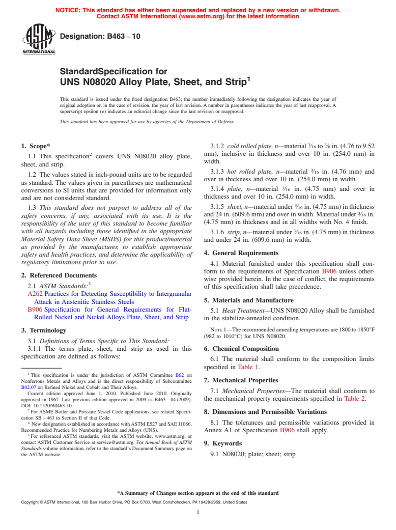 ASTM B463-10 - Standard Specification for  UNS N08020 Alloy Plate, Sheet, and Strip