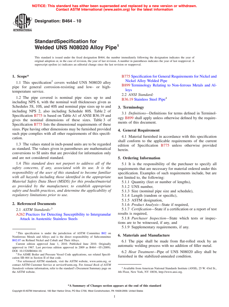 ASTM B464-10 - Standard Specification for Welded UNS N08020 Alloy Pipe