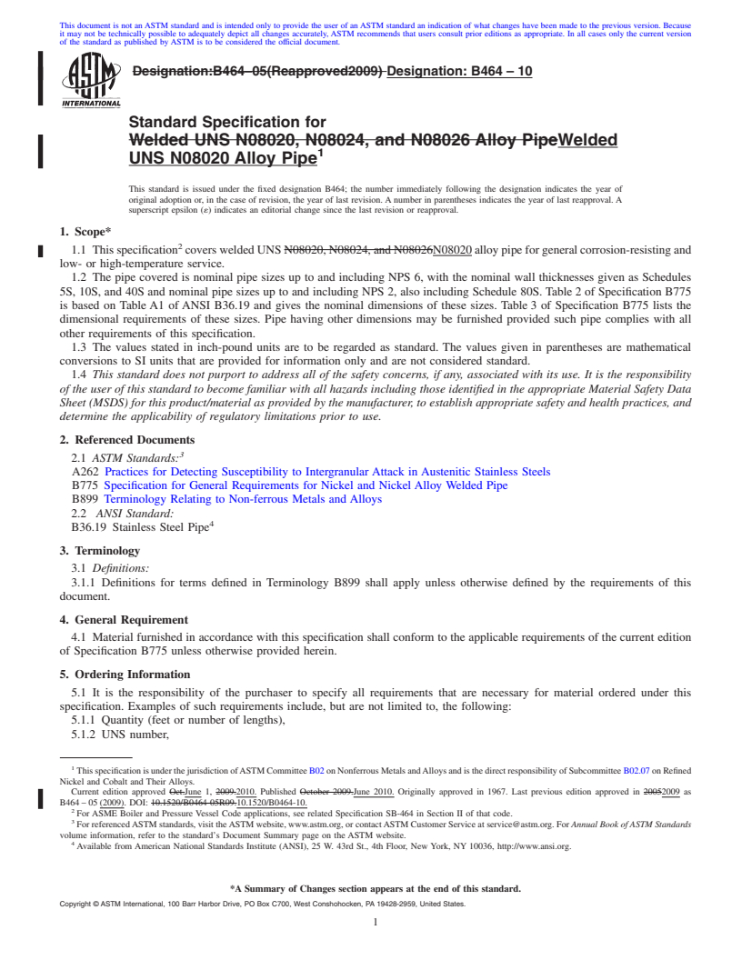 REDLINE ASTM B464-10 - Standard Specification for Welded UNS N08020 Alloy Pipe