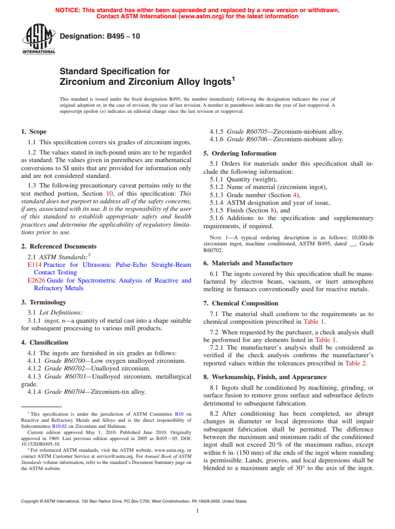 ASTM B495-10 - Standard Specification for Zirconium and Zirconium Alloy Ingots