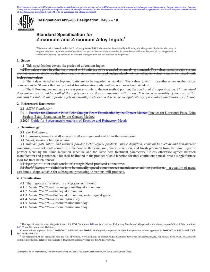 REDLINE ASTM B495-10 - Standard Specification for Zirconium and Zirconium Alloy Ingots