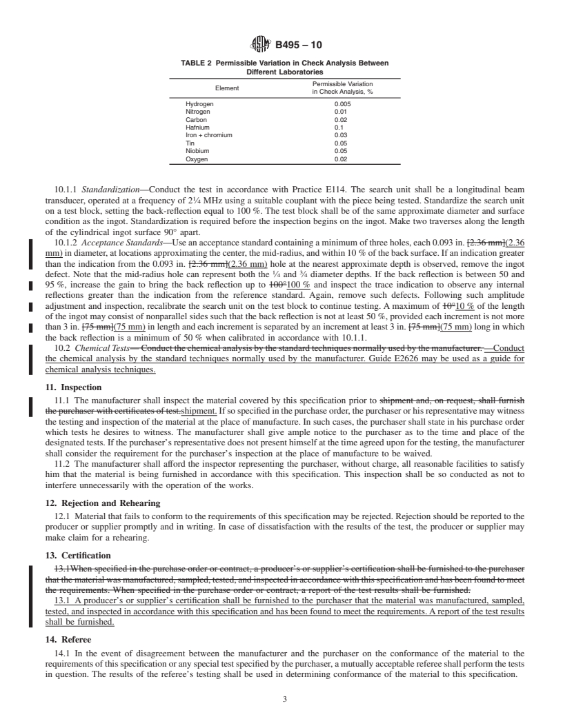 REDLINE ASTM B495-10 - Standard Specification for Zirconium and Zirconium Alloy Ingots