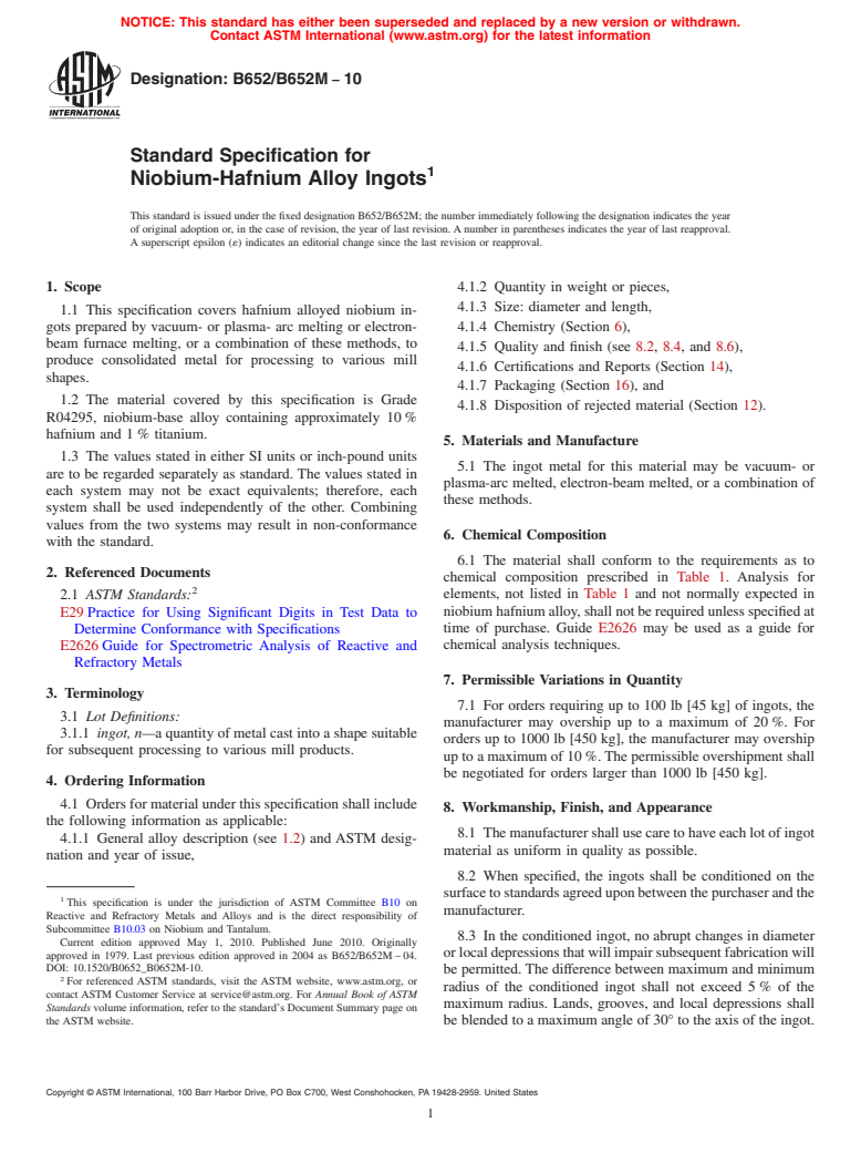 ASTM B652/B652M-10 - Standard Specification for Niobium-Hafnium Alloy Ingots