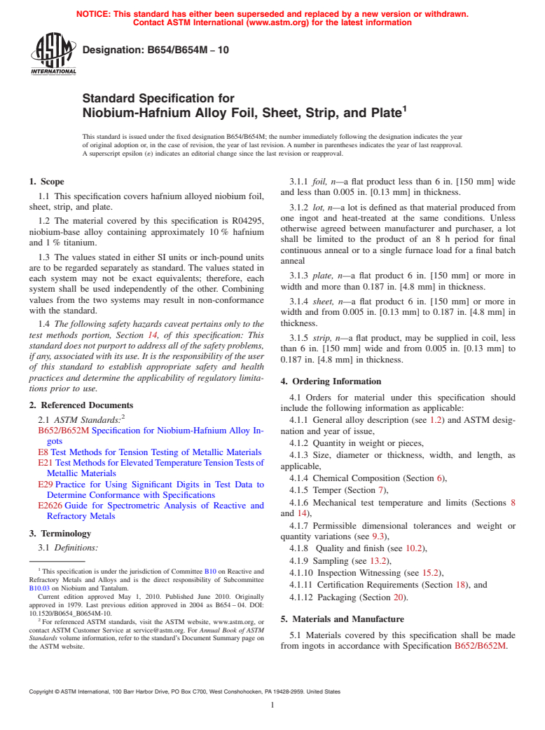 ASTM B654/B654M-10 - Standard Specification for Niobium-Hafnium Alloy Foil, Sheet, Strip, and Plate