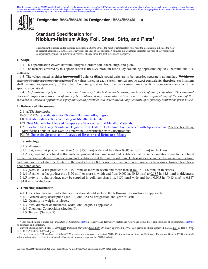 REDLINE ASTM B654/B654M-10 - Standard Specification for Niobium-Hafnium Alloy Foil, Sheet, Strip, and Plate