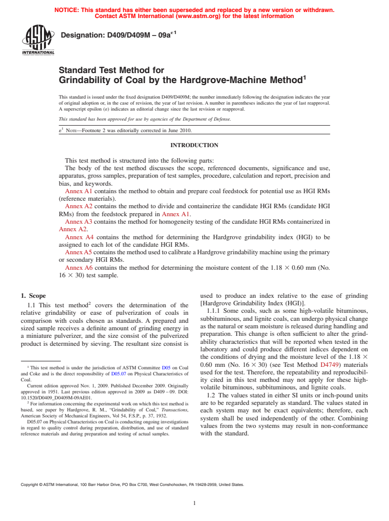 ASTM D409/D409M-09ae1 - Standard Test Method for Grindability of Coal by the Hardgrove-Machine Method