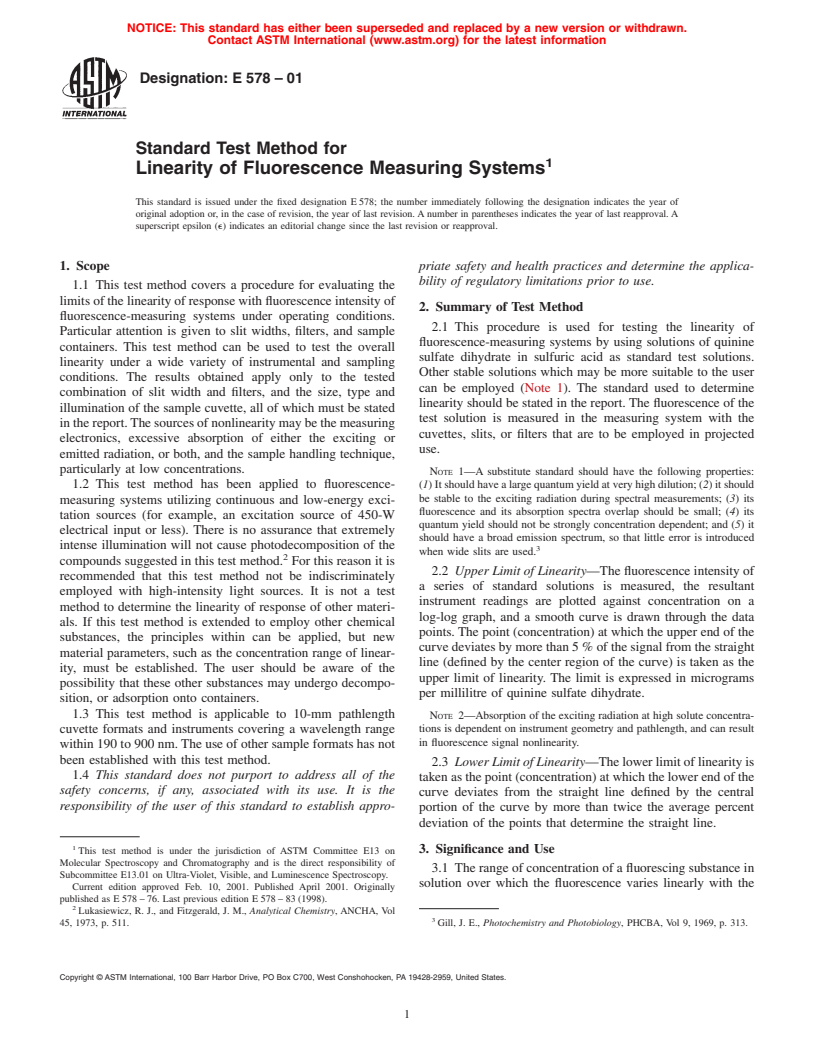 ASTM E578-01 - Standard Test Method for Linearity of Fluorescence Measuring Systems