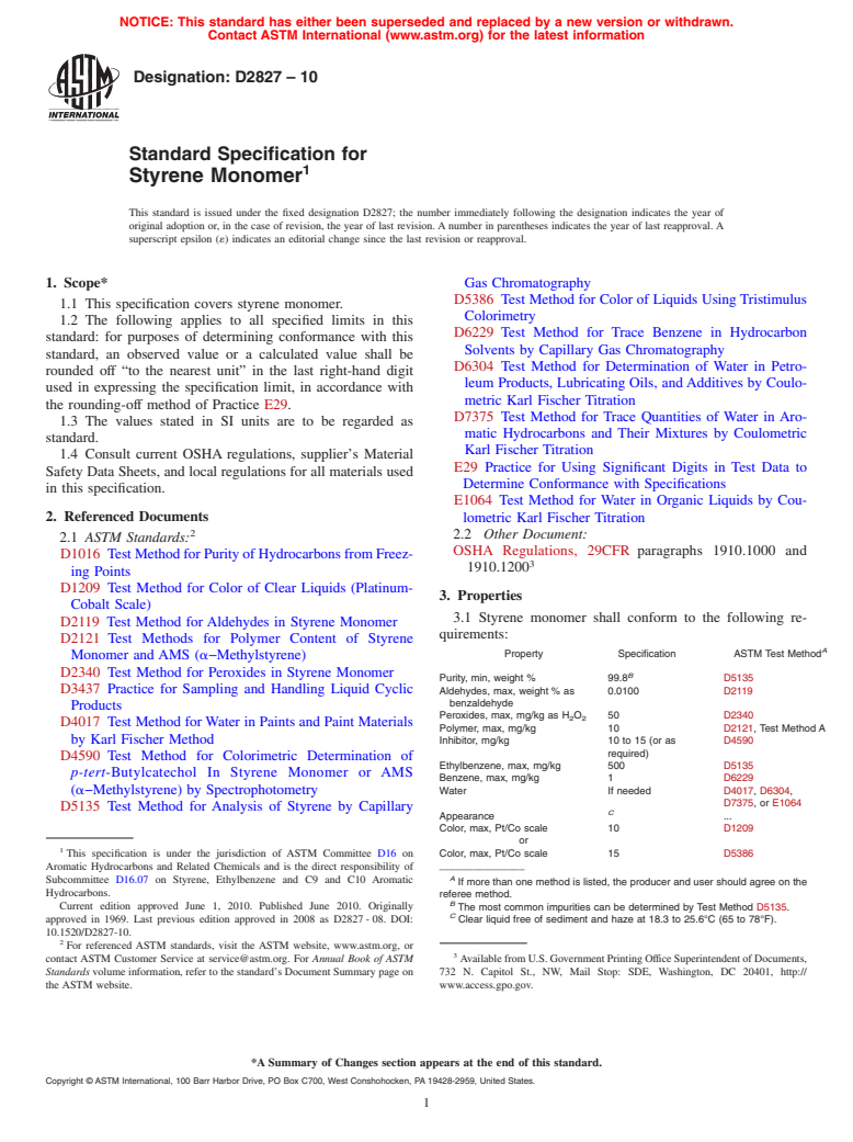 ASTM D2827-10 - Standard Specification for Styrene Monomer
