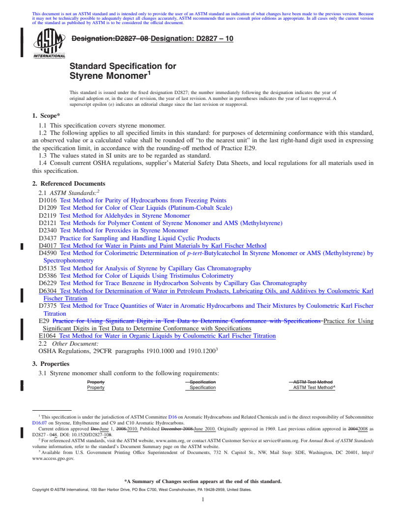 REDLINE ASTM D2827-10 - Standard Specification for Styrene Monomer