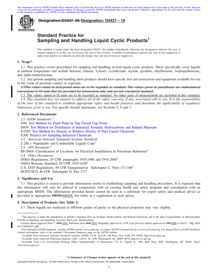REDLINE ASTM D3437-10 - Standard Practice for  Sampling and Handling Liquid Cyclic Products