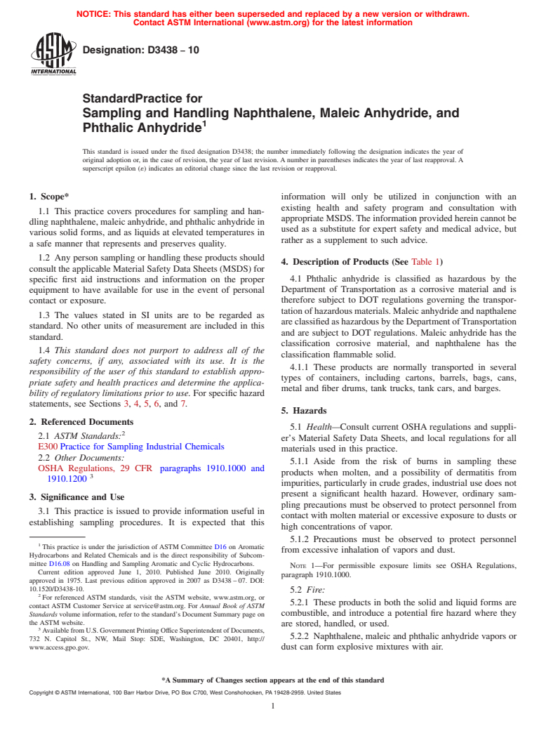 ASTM D3438-10 - Standard Practice for Sampling and Handling Naphthalene, Maleic Anhydride, and Phthalic Anhydride