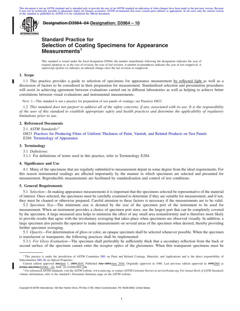 REDLINE ASTM D3964-10 - Standard Practice for Selection of Coating Specimens for Appearance Measurements
