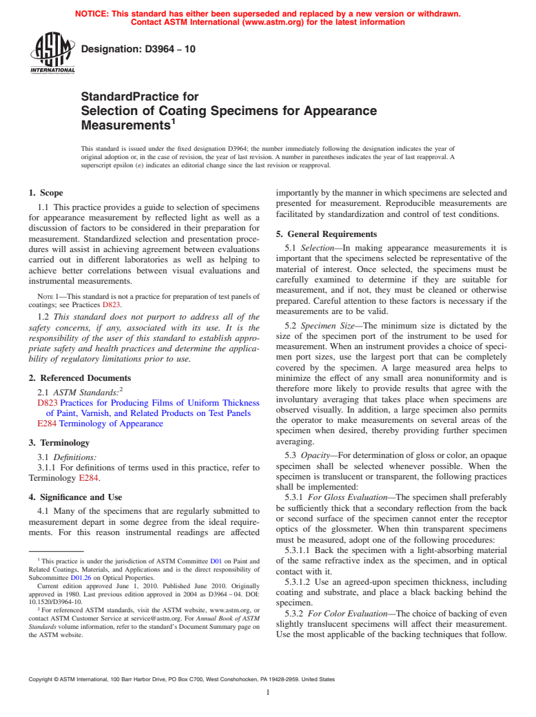 ASTM D3964-10 - Standard Practice for Selection of Coating Specimens for Appearance Measurements
