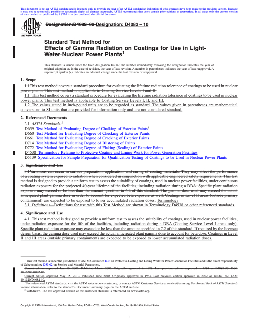 REDLINE ASTM D4082-10 - Standard Test Method for  Effects of Gamma Radiation on Coatings for Use in Nuclear Power Plants