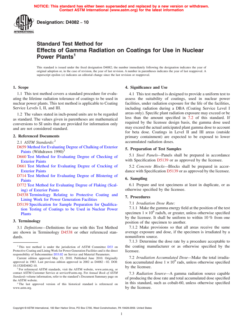 ASTM D4082-10 - Standard Test Method for  Effects of Gamma Radiation on Coatings for Use in Nuclear Power Plants