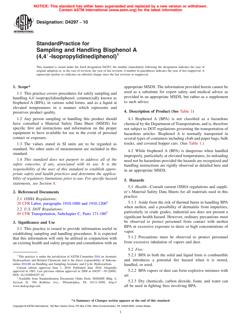 ASTM D4297-10 - Standard Practice for Sampling and Handling Bisphenol A (4,4' -Isopropylidinediphenol)