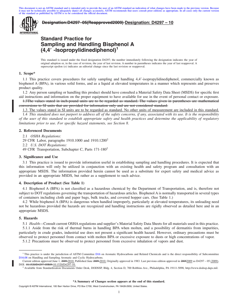 REDLINE ASTM D4297-10 - Standard Practice for Sampling and Handling Bisphenol A (4,4' -Isopropylidinediphenol)